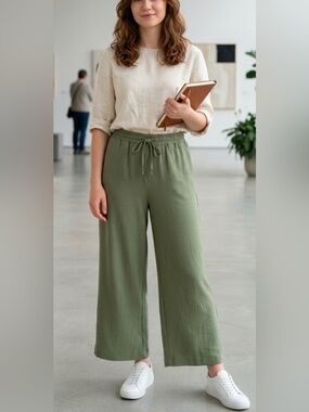 Rafaella Olive Drawstring Wide-Leg Pull-On Pants